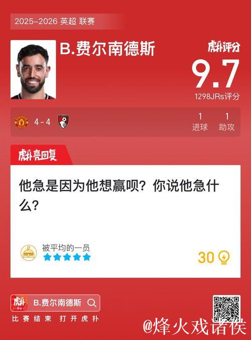 B费传射建功获赛后最高评分8.8，曼联4-4战平伯恩茅斯